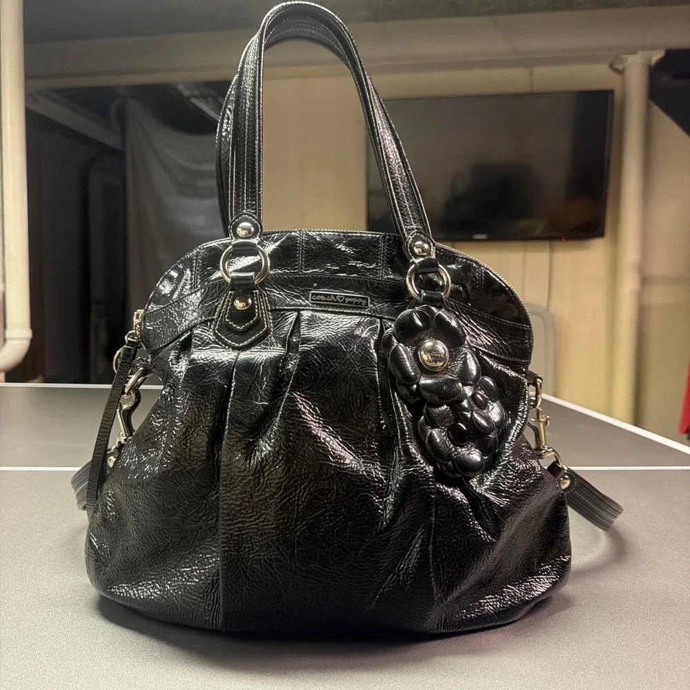 Coach Poppy Black Patent Leather Satchel Handbag Silver Hardware Flower Charm